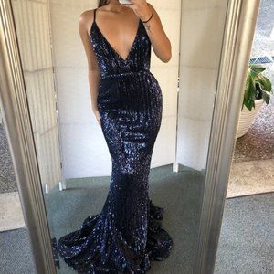 ABYSS BY ABBY Jilah Sequin Floor Length Backless Gown Navy Size XS